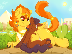 Size: 4032x3024 | Tagged: safe, artist:wispy tuft, oc, oc:horizon stream, oc:wispy tuft, pegasus, pony, sphinx, cactus, chest fluff, cuddling, desert, ear fluff, egyptian, garden, jewelry, licking, pegasus oc, pyramid, relaxing, somnambula (location), sphinx oc, temple, tongue out