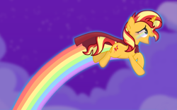 Size: 3069x1920 | Tagged: safe, artist:grapefruit-face, sunset shimmer, pony, unicorn, g4, cape, clothes, dio, flying, happy, night, rainbow, rainbow eyes, rainbow trail, show accurate, solo, song reference, superhero