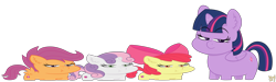 Size: 3650x1100 | Tagged: safe, artist:wispy tuft, apple bloom, scootaloo, sweetie belle, twilight sparkle, alicorn, pegasus, pony, unicorn, g4, cute, cutie mark crusaders, foal, short, simple background, squatpony, stout, transparent background, twiggie, twilight sparkle (alicorn), up to no good
