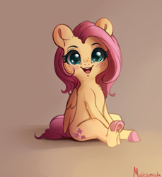 Size: 693x755 | Tagged: safe, artist:miokomata, fluttershy, pegasus, pony, g4, chest fluff, cute, freckles, freckleshy, looking at you, open mouth, open smile, shyabetes, sitting, smiling, solo