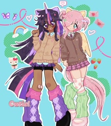 Size: 1080x1222 | Tagged: safe, artist:puddin.pawz, fluttershy, twilight sparkle, alicorn, human, g4, alicorn humanization, bandaid, blushing, cardigan, clothes, cute, dark skin, detailed background, duo, duo female, female, full body, glasses, hair over one eye, hairclip, horn, horned humanization, humanized, leg warmers, painted nails, pleated skirt, shoes, skirt, sweater vest, tail, tailed humanization, twilight sparkle (alicorn), winged humanization, wings