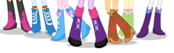 Size: 527x163 | Tagged: safe, applejack, fluttershy, pinkie pie, rainbow dash, rarity, sunset shimmer, twilight sparkle, human, equestria girls, g4, boots, boots shot, group, high heel boots, humane five, humane seven, humane six, legs, pictures of legs, shoes, simple background, solo, sunset shimmer wearing her boots, white background