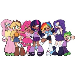 Size: 1080x933 | Tagged: safe, artist:ugly_draculaura, applejack, fluttershy, pinkie pie, rainbow dash, rarity, spike, twilight sparkle, human, g4, :3, ><, belt, boots, cartoony, choker, clothes, crocs, dark skin, eyes closed, female, gloves, group, hairclip, happy, hat, humanized, long skirt, long sleeves, mane seven, mane six, moderate dark skin, one eye closed, pleated skirt, shirt, shoes, shorts, simple background, skirt, socks, sweater, sweater vest, white background, wink