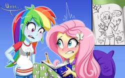 Size: 3911x2439 | Tagged: safe, artist:ameliacostanza, fluttershy, rainbow dash, equestria girls, g4, blushing, clothes, crossover, crossover shipping, diary, drawing, duo, female, high res, pajamas, pencil, peter parker, shipping, sleepover, slumber party