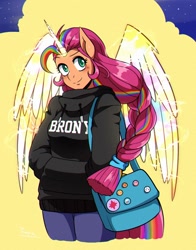 Size: 1020x1300 | Tagged: safe, artist:traupa, sunny starscout, alicorn, anthro, g5, my little pony: a new generation, alicornified, artificial horn, artificial wings, augmented, bag, braid, braided ponytail, breasts, clothes, female, handbag, hoodie, horn, in-universe pegasister, looking at you, magic, magic horn, magic wings, mane stripe sunny, ponytail, race swap, smiling, sunnycorn, wings