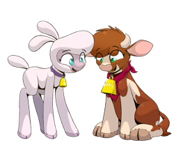 Size: 1024x905 | Tagged: safe, artist:ljdamz1119, arizona (tfh), pom (tfh), cow, lamb, sheep, them's fightin' herds, adorapom, arizonadorable, bandana, bell, bell collar, cloven hooves, collar, community related, cowbell, cute, duo, female, looking down, open mouth, open smile, simple background, smiling, transparent background