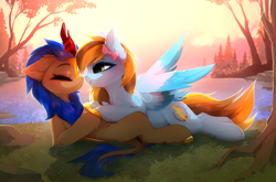 Size: 3600x2369 | Tagged: safe, artist:magnaluna, oc, oc only, oc:cobalt flame, oc:lucky bolt, kirin, pegasus, pony, cuddling, duo, female, floppy ears, kirin oc, lake, looking at each other, male, smiling, smiling at each other