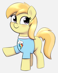 Size: 1431x1797 | Tagged: safe, artist:heretichesh, noi, earth pony, pony, g4, clothes, colored, female, filly, foal, looking at you, raised hoof, shirt, simple background, solo