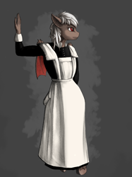 Size: 666x889 | Tagged: safe, artist:roz, oc, oc:dusty fang, bat pony, anthro, apron, clothes, hooves, maid, mixed media, outfit, parlor maid, parlormaid, pose, solo, traditional art, victorian, victorian dress