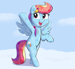 Size: 1914x1761 | Tagged: safe, artist:heretichesh, rainbow dash, crystal pony, pegasus, pony, g4, bipedal, cloud, colored, looking at you, on a cloud, simple background, smiling, solo, spread wings, standing on a cloud, standing on two hooves, waving at you, wings