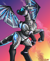 Size: 7087x8661 | Tagged: safe, artist:sourcherry, oc, oc only, oc:amika, cyborg, original species, plane pony, pony, protogen, robot, robot pony, absurd resolution, glass, looking up, metal, plane, ponified, rearing, smiling, solo, spread wings, wings