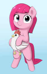 Size: 1196x1876 | Tagged: safe, artist:heretichesh, pinkie pie, bird, chicken, earth pony, pony, g4, bipedal, colored, female, filly, foal, looking at you, pinkamena diane pie, simple background, standing on two hooves