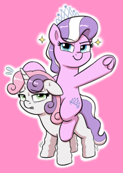 Size: 1712x2400 | Tagged: safe, artist:heretichesh, diamond tiara, sweetie belle, earth pony, pony, unicorn, g4, colored, diamond tiara riding sweetie belle, duo, duo female, female, filly, foal, looking at you, ponies riding ponies, riding, simple background, sparkles, sweat, sweetie belle is not amused, trembling, unamused, waving