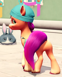 Size: 720x900 | Tagged: safe, sunny starscout, earth pony, pony, rabbit, g5, my little pony: a maretime bay adventure, animal, butt, cropped, female, hat, mare, plot, sunny starbutt