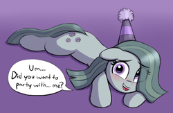 Size: 3000x1956 | Tagged: safe, artist:heretichesh, marble pie, earth pony, pony, g4, blushing, bronybait, colored, cute, eye clipping through hair, eyebrows, eyebrows visible through hair, female, floppy ears, gradient background, hat, high res, looking at you, lying down, marblebetes, mare, open mouth, open smile, party hat, prone, smiling, smiling at you, solo, speech bubble, talking, talking to viewer