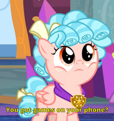 Size: 672x716 | Tagged: safe, edit, edited screencap, editor:henbasket, screencap, cozy glow, pegasus, pony, g4, school raze, season 8, cozybetes, cropped, cute, female, filly, foal, frown, looking up, meme, solo, text, you got games on your phone