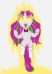 Size: 1672x2372 | Tagged: safe, artist:heretichesh, oc, oc:zew, oc:zippi, pony, unicorn, bowtie, clothes, colored, female, filly, floating, foal, fusion, glowing, glowing eyes, magic, magic aura, smiling, socks, solo, unlimited power