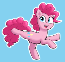 Size: 2091x1989 | Tagged: safe, artist:heretichesh, pinkie pie, earth pony, pony, g4, balancing, blue background, colored, cute, diapinkes, looking at you, raised hoof, raised leg, simple background, smiling, solo
