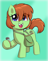 Size: 1496x1900 | Tagged: safe, artist:heretichesh, oc, oc only, oc:spice rack, earth pony, pony, bag, colored, cute, eye clipping through hair, female, filly, foal, hoof hold, looking at you, ocbetes, pouch, simple background, solo, spice (food), tooth gap