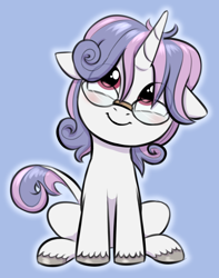 Size: 1572x2000 | Tagged: safe, artist:heretichesh, sweetie belle, oc, oc only, oc:yodi belle, classical unicorn, pony, unicorn, blue background, cloven hooves, colored, floppy ears, foal, fusion, glasses, horn, leonine tail, looking at you, simple background, sitting, smiling, solo, unicorn oc, unshorn fetlocks