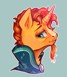 Size: 834x957 | Tagged: safe, artist:erieillustrates, sunburst, pony, unicorn, g4, blue background, bust, cloak, clothes, coat markings, curved horn, ear fluff, facial hair, facial markings, horn, male, missing accessory, no glasses, simple background, solo, stallion, sunburst's cloak
