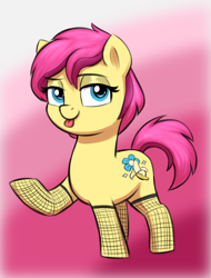 Size: 1206x1586 | Tagged: safe, artist:heretichesh, oc, oc:banana split, pony, colored, female, filly, fishnet stockings, foal, looking at you, makeup, raised hoof, simple background, solo, tongue out