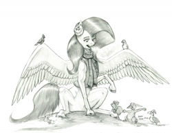 Size: 1400x1078 | Tagged: safe, artist:baron engel, fluttershy, bird, pegasus, pony, rabbit, squirrel, g4, winter wrap up, animal, clothes, earmuffs, grayscale, monochrome, pencil drawing, scarf, simple background, sitting, spread wings, traditional art, white background, wings