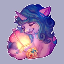 Size: 1000x1000 | Tagged: safe, artist:erieillustrates, izzy moonbow, pony, unicorn, g5, my little pony: a new generation, blue background, crying, feels, female, hug, lantern, mare, outline, paper lantern, simple background, solo, unshorn fetlocks, white outline
