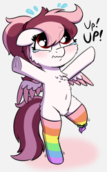 Size: 1770x2862 | Tagged: safe, artist:heretichesh, oc, oc only, oc:toricelli, pegasus, pony, amputee, bipedal, blushing, chest fluff, clothes, colored, crying, female, filly, foal, looking up, pubic fluff, rainbow socks, scrunchy face, simple background, socks, solo, standing, standing on one leg, striped socks, sweat, teary eyes, upsies