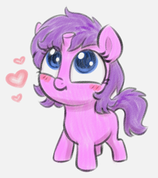 Size: 1014x1142 | Tagged: safe, artist:heretichesh, oc, oc:stir crazy, pony, unicorn, blushing, broken horn, colored, female, filfil, filly, floating heart, foal, heart, horn, looking up, simple background, smiling, solo