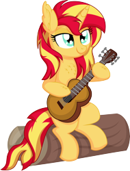 Size: 5786x7604 | Tagged: safe, artist:cyanlightning, sunset shimmer, pony, unicorn, .svg available, absurd resolution, acoustic guitar, chest fluff, ear fluff, female, guitar, log, looking up, mare, musical instrument, simple background, solo, transparent background, vector