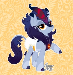 Size: 1595x1633 | Tagged: safe, artist:mommymidday, oc, oc:sapphire orchid, kirin, abdl, adult foal, cloven hooves, coat markings, crystal, diaper, diaper fetish, eyeliner, fetish, gradient hooves, gradient horn, gradient mane, gradient tail, horn, jewelry, kirin oc, lidded eyes, makeup, necklace, non-baby in diaper, raised hoof, show accurate, signature, simple background, solo, tail