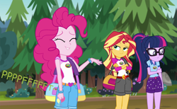 Size: 1200x739 | Tagged: safe, artist:thedarkpony, edit, edited screencap, screencap, pinkie pie, sci-twi, sunset shimmer, twilight sparkle, equestria girls, g4, my little pony equestria girls: legend of everfree, camp everfree outfits, clothes, denim shorts, fart, fart edit, fart noise, female, onomatopoeia, shorts, sound effects