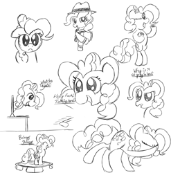Size: 971x982 | Tagged: safe, artist:scootaloormayfly, pinkie pie, earth pony, human, pony, g4, cookie, dancing, food, monitor, monochrome, rapper pie, simple background, sketch, sketch dump, text, trampoline