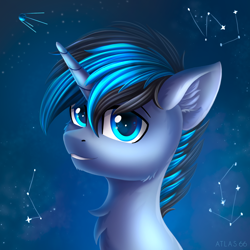 Size: 2000x2000 | Tagged: safe, artist:atlas-66, oc, oc only, oc:solar gizmo, pony, unicorn, chest fluff, constellation, ear fluff, high res, male, satellite, solo, sputnik, stallion, stars