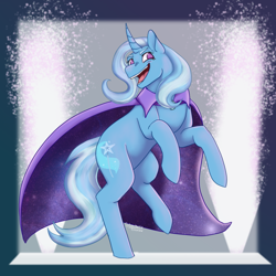 Size: 640x640 | Tagged: safe, artist:strawberrytiramisuu, trixie, pony, unicorn, g4, curved horn, horn, looking at you, open mouth, rearing, smiling, solo