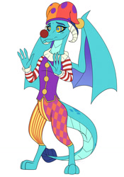 Size: 894x1280 | Tagged: safe, artist:siblgi, princess ember, dragon, g4, clown, clown nose, commission, dragoness, female, hat, hypnosis, hypnotized, jester hat, red nose, simple background, solo, swirly eyes, white background