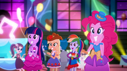 Size: 3410x1920 | Tagged: safe, screencap, applejack, pinkie pie, rainbow dash, scribble dee, twilight sparkle, a photo booth story, equestria girls, g4, my little pony equestria girls: summertime shorts, balloon, bare shoulders, belt, clothes, cowboy hat, cutie mark on clothes, fall formal outfits, female, grin, hat, high res, male, open mouth, open smile, sleeveless, smiling, strapless, twilight ball dress