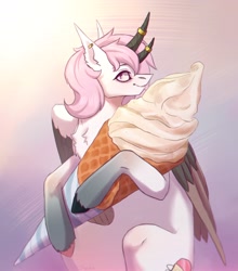 Size: 1901x2160 | Tagged: safe, artist:miurimau, oc, oc only, alicorn, bicorn, pony, alicorn oc, food, horn, horn ring, ice cream, ice cream cone, multiple horns, ring, solo, wings