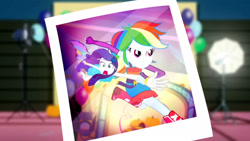 Size: 3410x1920 | Tagged: safe, screencap, rainbow dash, rarity, a photo booth story, equestria girls, g4, my little pony equestria girls: summertime shorts, balloon, bare shoulders, belt, boots, bracelet, butterfly wings, clothes, cutie mark on clothes, duo, duo female, fall formal outfits, female, hairpin, high res, jewelry, open mouth, shoes, sleeveless, strapless, wings