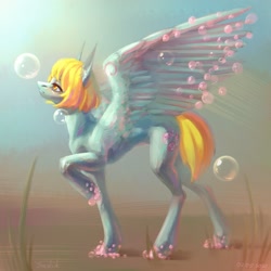Size: 2160x2160 | Tagged: safe, artist:miurimau, oc, oc only, pegasus, pony, bubble, crepuscular rays, ear fluff, feather, female, high res, looking up, mare, ocean, orange eyes, pegasus oc, raised hoof, seaweed, signature, solo, spread wings, sunlight, underwater, water, wings