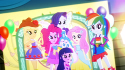 Size: 3410x1920 | Tagged: safe, screencap, applejack, fluttershy, pinkie pie, rainbow dash, rarity, twilight sparkle, a photo booth story, equestria girls, g4, my little pony equestria girls: summertime shorts, balloon, bare shoulders, belt, boots, butterfly wings, clothes, cowboy hat, cutie mark on clothes, fall formal outfits, female, hairpin, hat, high res, humane five, humane six, open mouth, shoes, sleeveless, strapless, twilight ball dress, wings