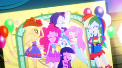 Size: 3410x1920 | Tagged: safe, screencap, applejack, fluttershy, pinkie pie, rainbow dash, rarity, twilight sparkle, a photo booth story, eqg summertime shorts, equestria girls, g4, ^^, bare shoulders, beautiful, belt, boots, butterfly wings, clothes, cowboy hat, cute, cutie mark on clothes, dashabetes, diapinkes, eyes closed, fall formal outfits, female, glowing, group photo, hairpin, happy, hat, high res, humane five, humane six, jackabetes, laughing, open mouth, open smile, raribetes, shoes, shyabetes, sleeveless, smiling, strapless, twiabetes, wings