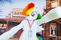 Size: 2000x1330 | Tagged: safe, artist:kuou, rainbow dash, human, pegasus, pony, g4, 2015, arms wide open, clothes, convention, convention:jmof, cosplay, costume, fursuit, irl, irl human, japan, lanyard, no mouth, photo, ponysuit, solo, tail, wild west, wings