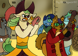 Size: 1715x1218 | Tagged: safe, artist:duckyworth, capper dapperpaws, captain celaeno, pushkin, abyssinian, avian, g4, chest fluff, dice, guitar, klugetown, klugetowner, musical instrument, the road to el dorado