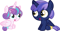 Size: 1272x667 | Tagged: safe, artist:whalepornoz, princess flurry heart, oc, oc:prince nova sparkle, alicorn, pony, fanfic:cat's cradle, g4, alicorn oc, baby, baby pony, brother, brother and sister, colt, cousins, cute, diaper, duo, eyelashes, eyes open, family, female, filly, foal, half-brother, half-cousins, half-siblings, half-sister, horn, male, nostrils, offspring, open mouth, parent:shining armor, parent:twilight sparkle, parents:shining sparkle, prince, princess, product of incest, product of sparklecest, royalty, shakespearicles, show accurate, siblings, simple background, sister, sitting, smiling, wall of tags, white background, wings