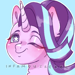 Size: 2900x2900 | Tagged: safe, artist:infamousrebel, starlight glimmer, pony, unicorn, g4, blue background, blushing, bust, cute, doodle, ear fluff, eyebrows, female, glimmerbetes, high res, mare, neck fluff, outline, portrait, simple background, smiling, solo, starry eyes, white outline, white pupils, wingding eyes