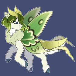 Size: 1600x1600 | Tagged: safe, artist:liefsong, oc, oc only, oc:leolata, moth, mothpony, original species, antennae, chest fluff, flying, simple background, solo, wings