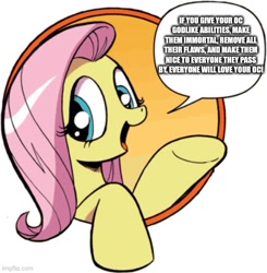 Size: 500x511 | Tagged: safe, idw, fluttershy, pegasus, pony, friendship is magic #3, g4, my little pony: friendship is magic (idw), bad advice fluttershy, exploitable meme, female, glimenade is a mess, mare, mary sue, meme, solo