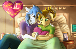 Size: 1313x863 | Tagged: safe, artist:jamescorck, oc, oc:golden goal, oc:winter solstice, unicorn, anthro, baby, baby pony, balloon, bed, clothes, commission, digital art, duo, father and child, father and daughter, female, floppy ears, horn, hospital bed, husband and wife, male, mother and child, mother and daughter, oc x oc, offspring, open mouth, parent:oc:golden goal, parent:oc:winter solstice, parents:oc x oc, parents:wintergoal, pillow, shipping, straight, wintergoal